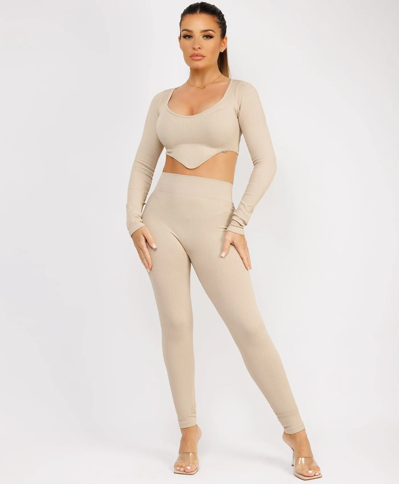 Beige Ribbed Asymmetric Hem Loungewear Set