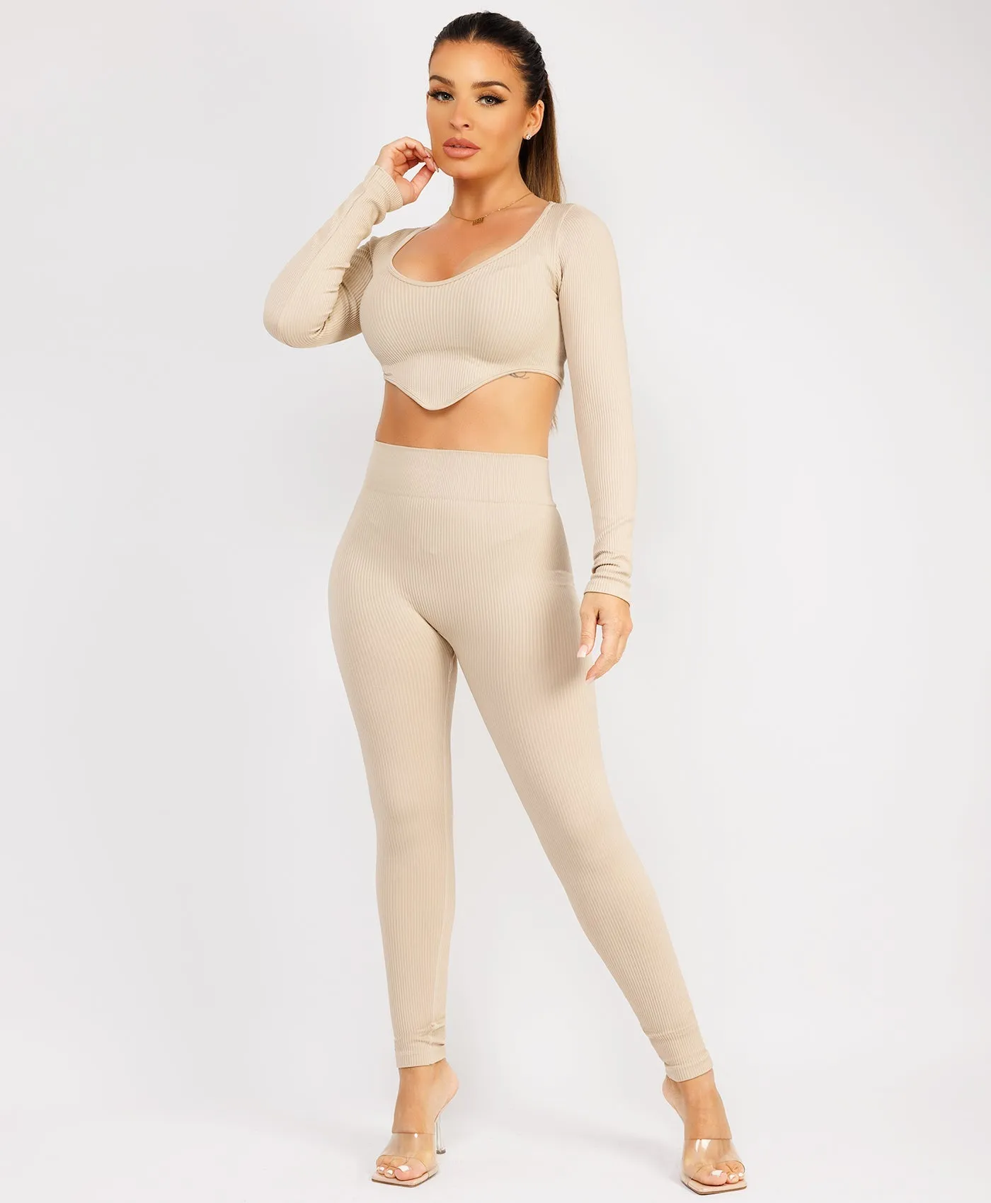 Beige Ribbed Asymmetric Hem Loungewear Set