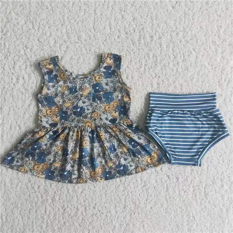 blue floral sleeveless top blue bummies set A8-11