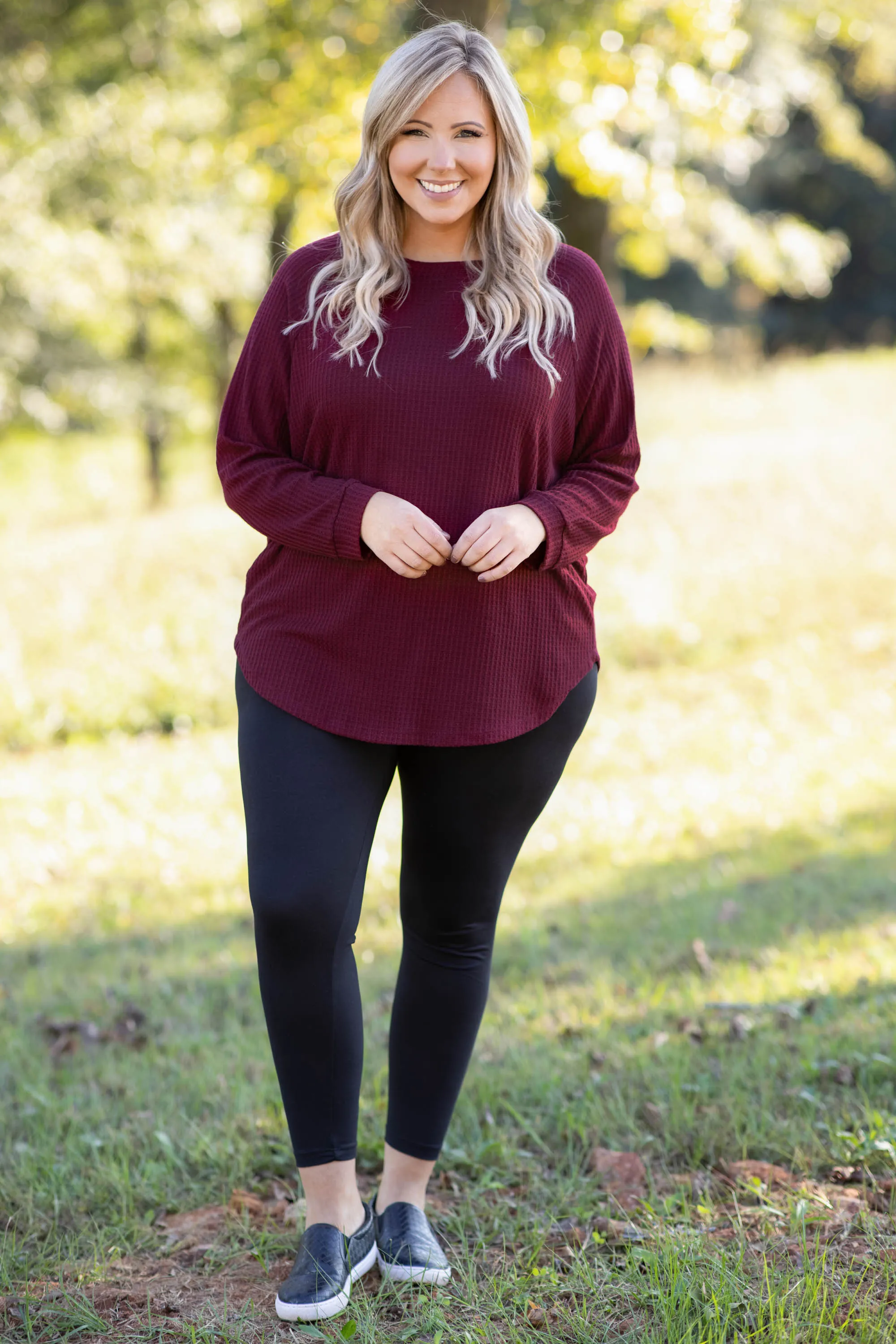 Curved Hem Slouchy Dolman Tunic, Wine Thermal