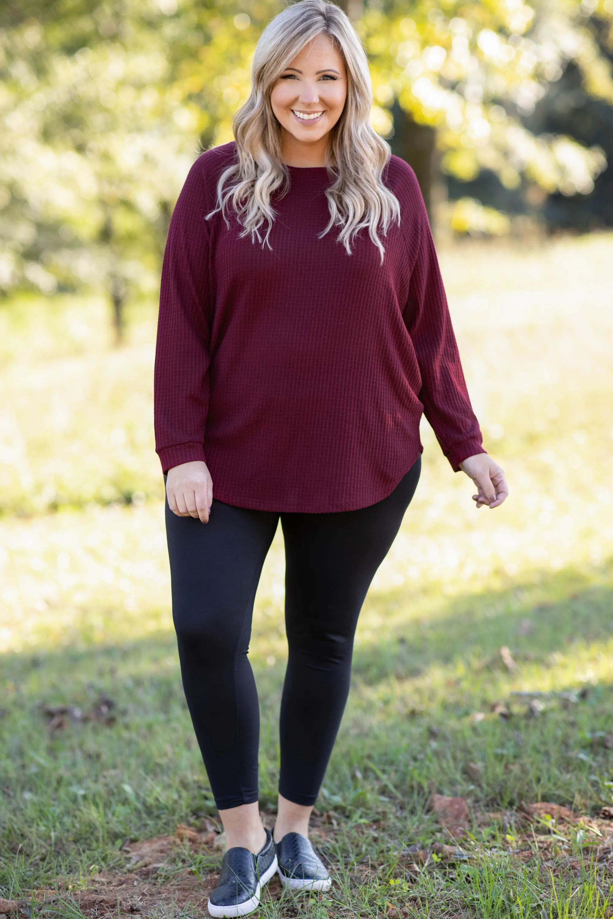 Curved Hem Slouchy Dolman Tunic, Wine Thermal