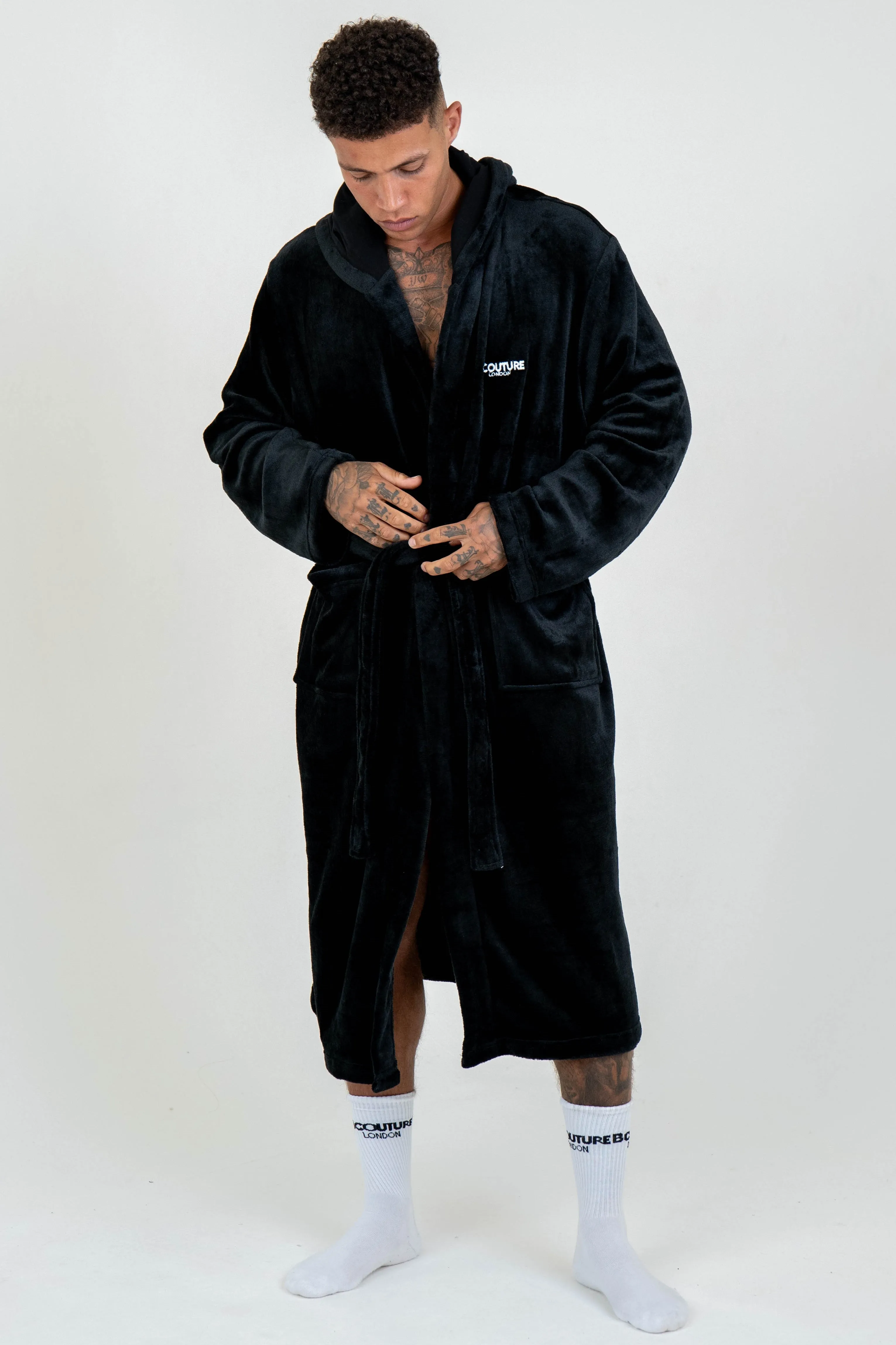 Fleece Dressing Gown & Cotton PJ Set Bundle - Black/Navy