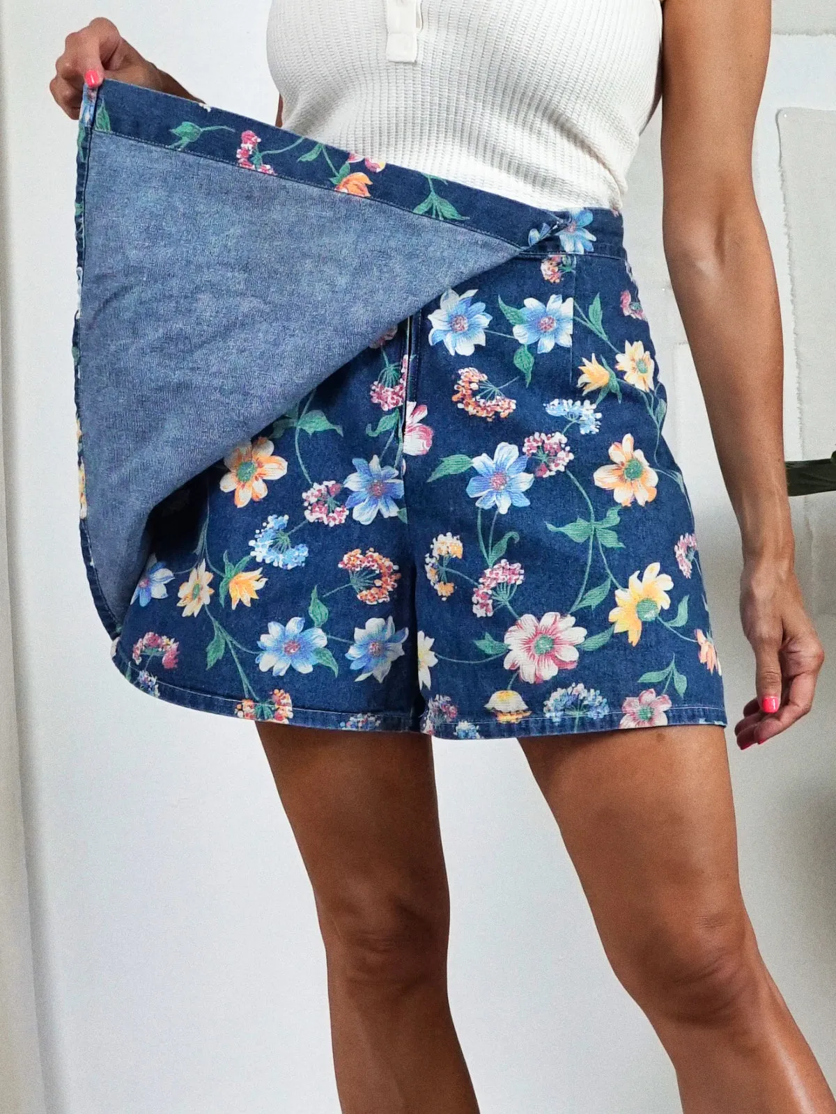 Floral Denim High Waist Skort