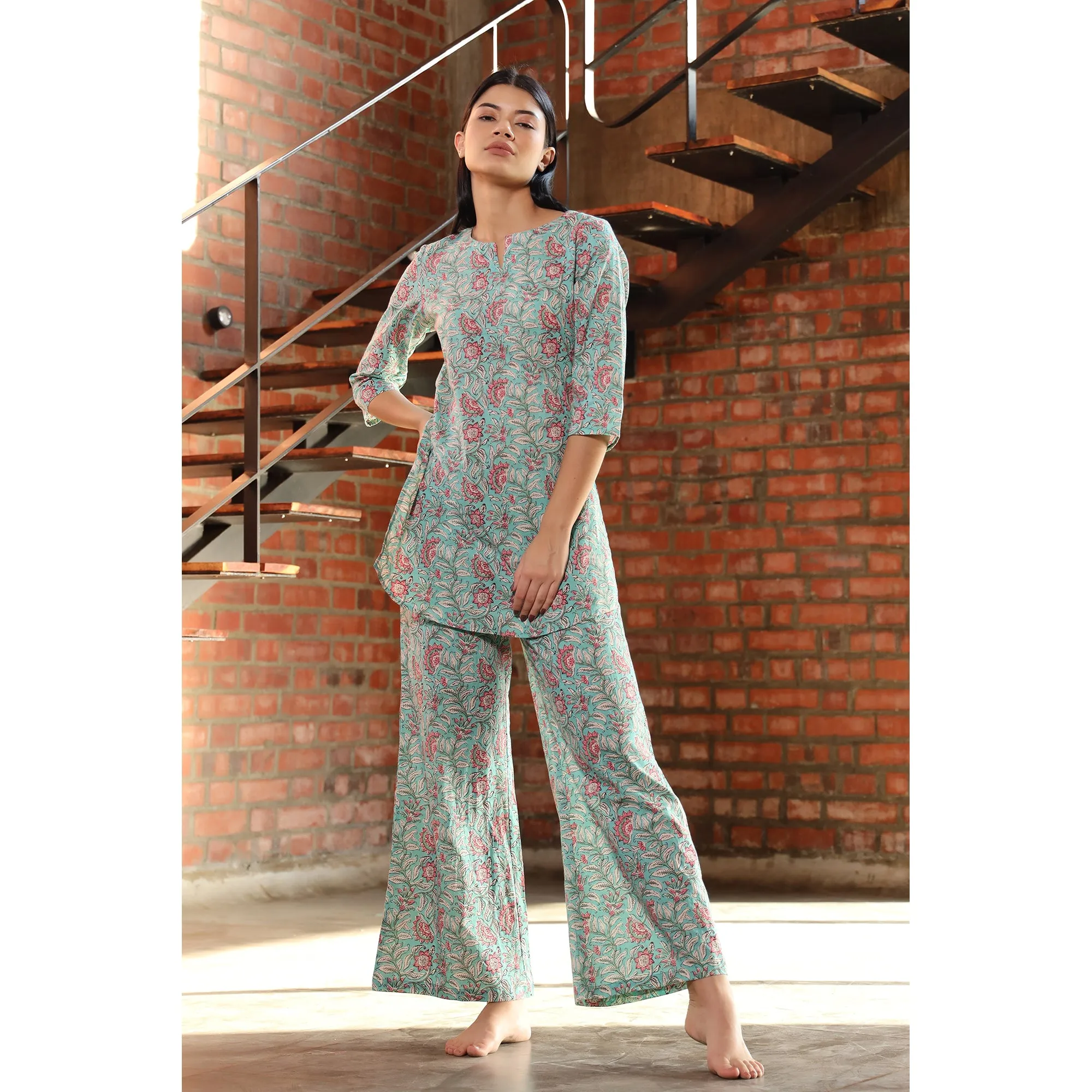 Floral Trail on Light Blue Loungewear Top Set