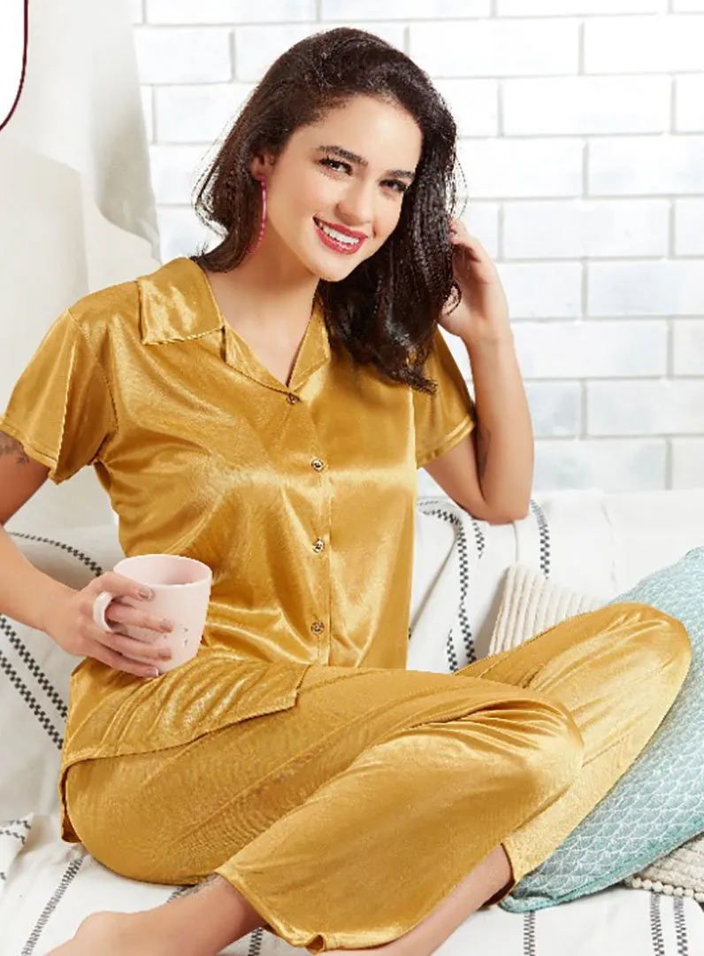 Golden Satin Night suits Pajamas Set for Ladies