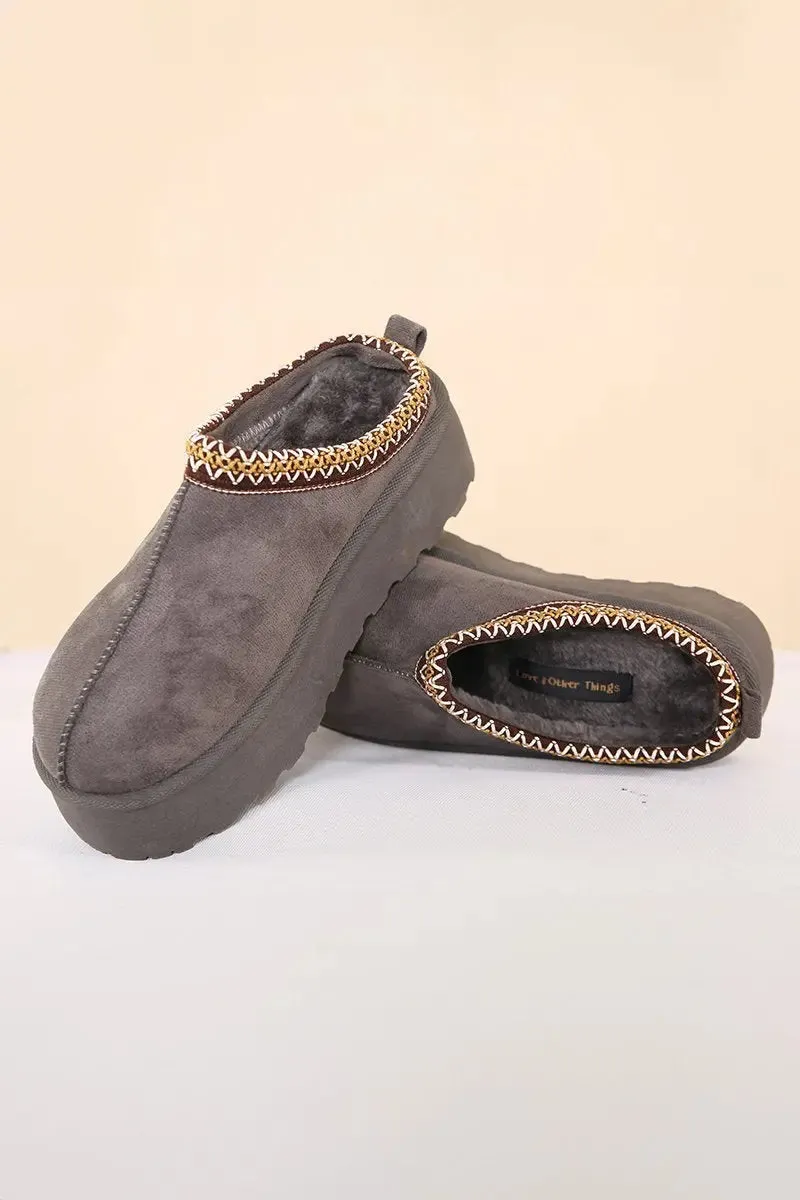 Grey Casual Textured Fur Chunky Thermal Slip-On