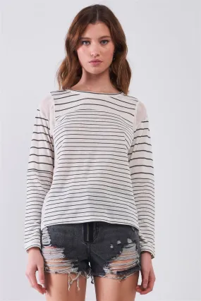 Ivory & Black Striped Long Sleeve Sheer Mesh Cut-Ins Detail Relaxed Top /1-3