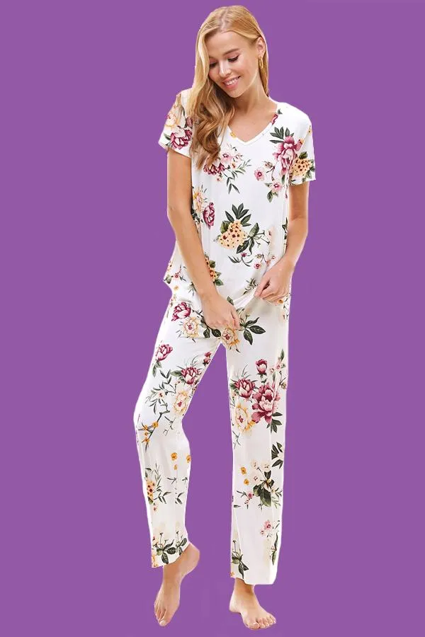 Loungewear Set For Women's Floral Print Short Sleeve And Pants