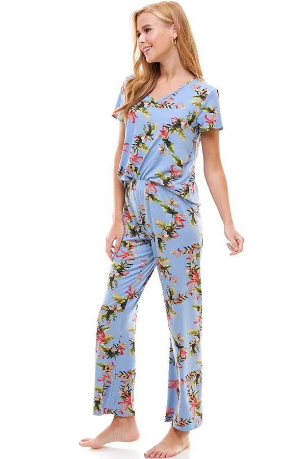 Loungewear Set For Women's Floral Print Short Sleeve And Pants