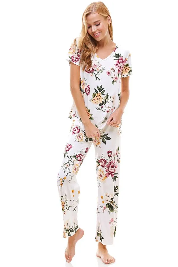 Loungewear Set For Women's Floral Print Short Sleeve And Pants