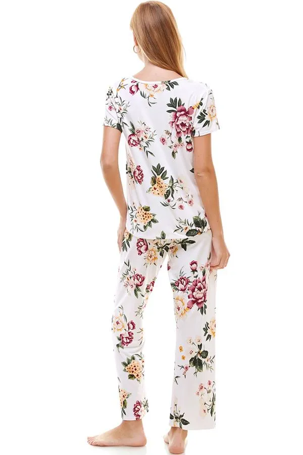 Loungewear Set For Women's Floral Print Short Sleeve And Pants