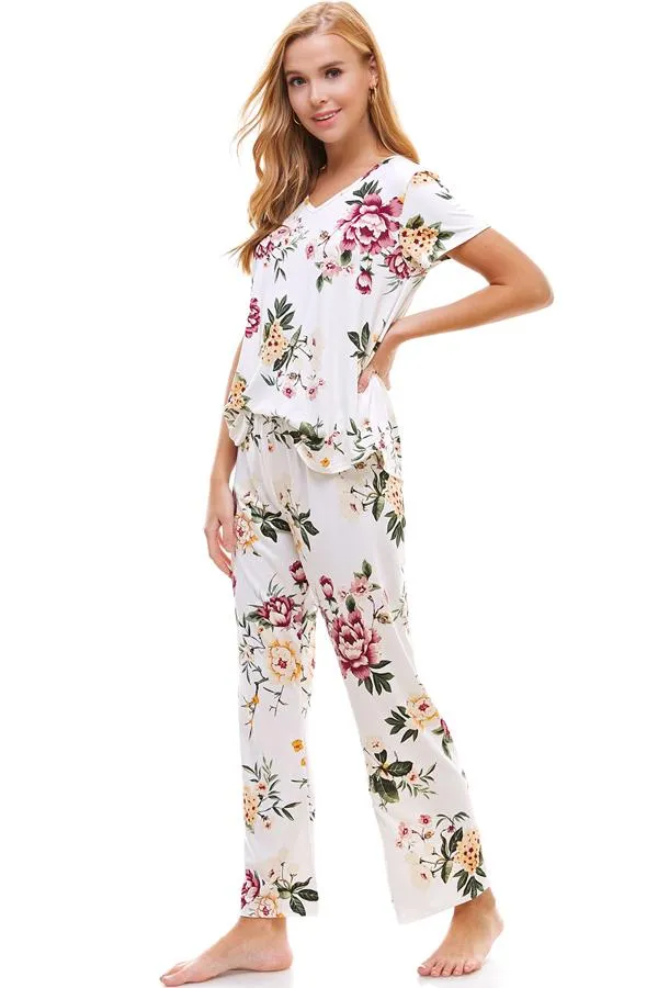 Loungewear Set For Women's Floral Print Short Sleeve And Pants