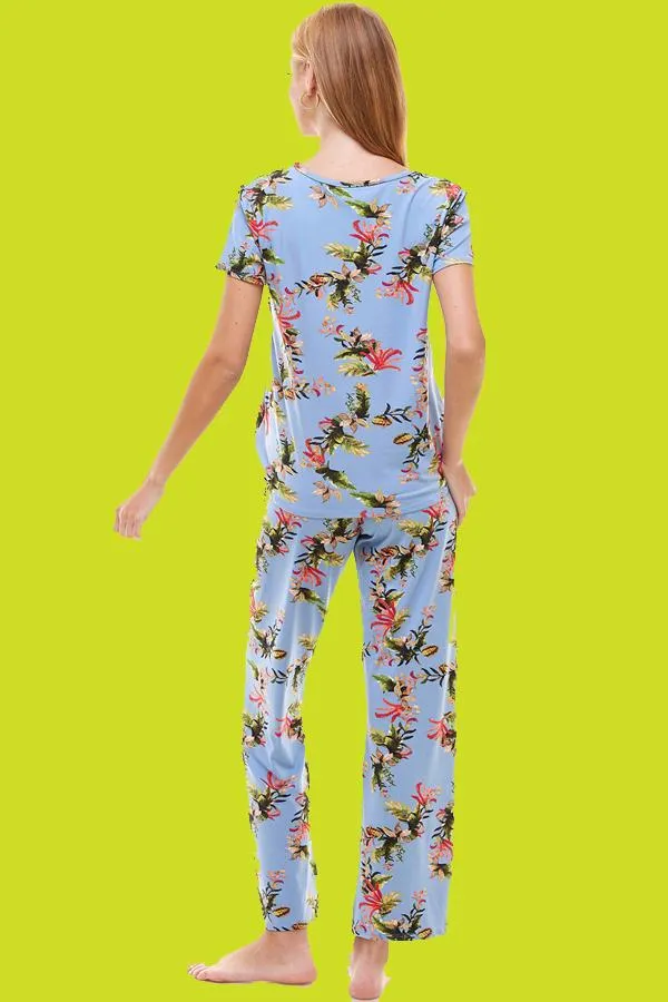 Loungewear Set For Women's Floral Print Short Sleeve And Pants