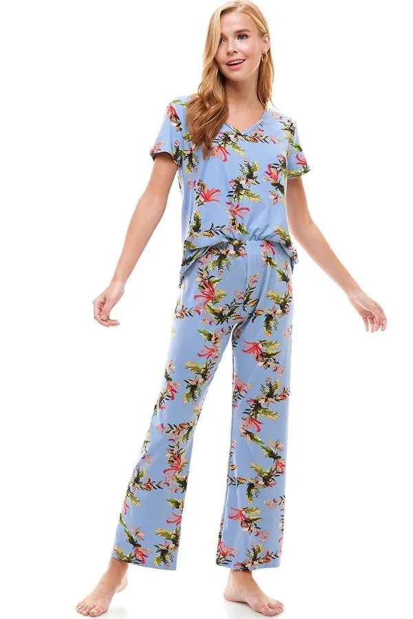 Loungewear Set For Women's Floral Print Short Sleeve And Pants