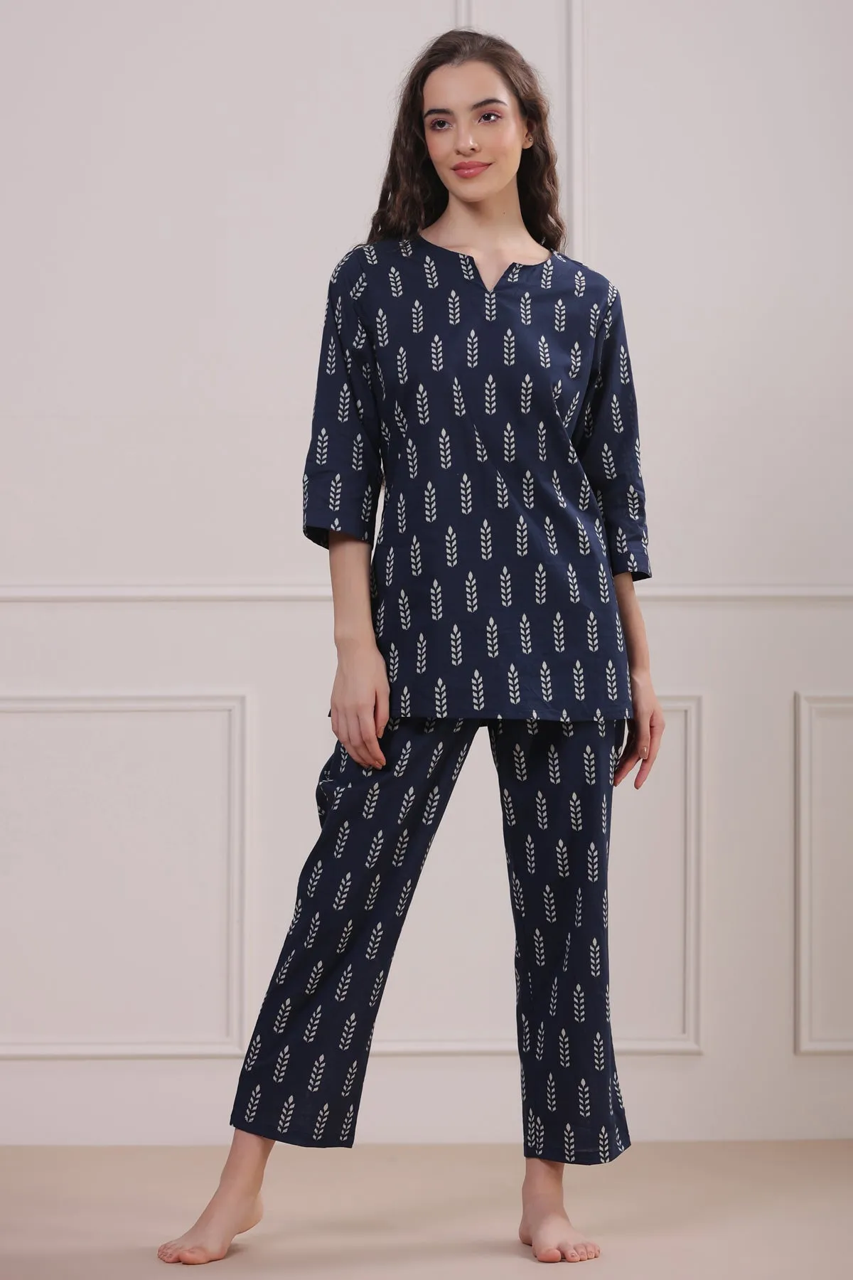 Minimalist Motif On Blue Loungewear Top Set