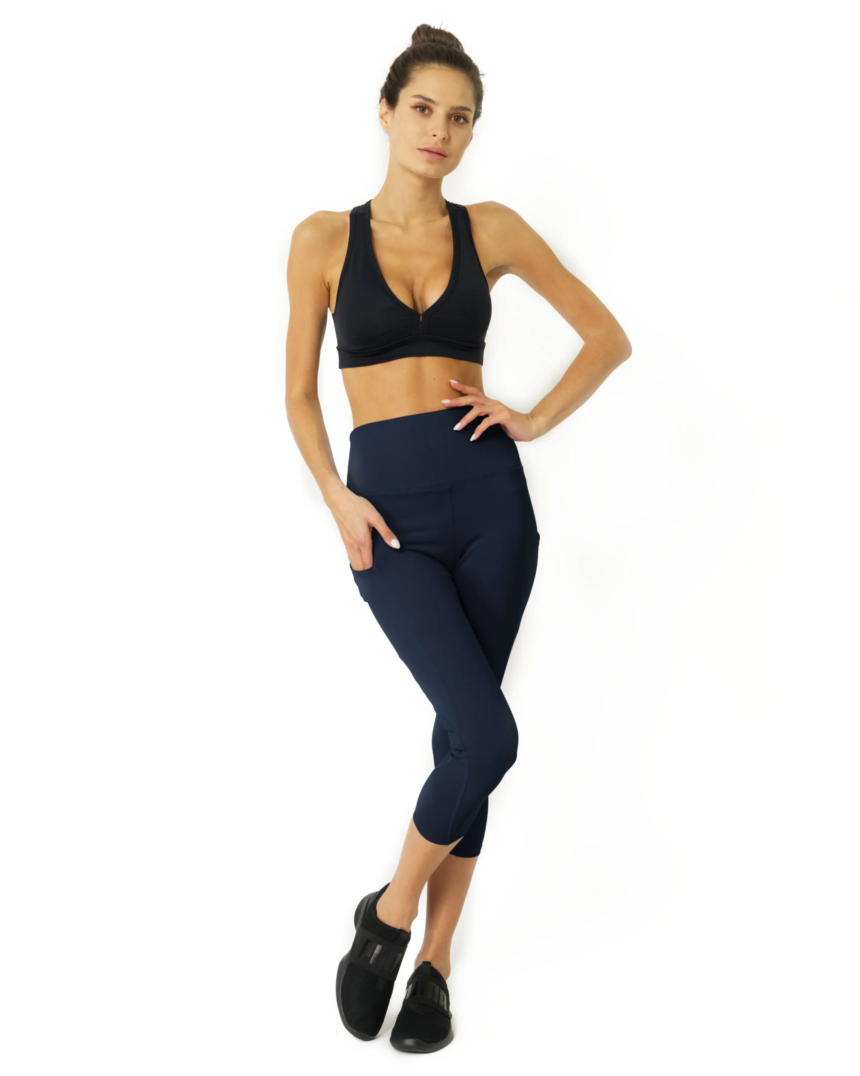 Navy Blue High Waisted Yoga Capri Leggings