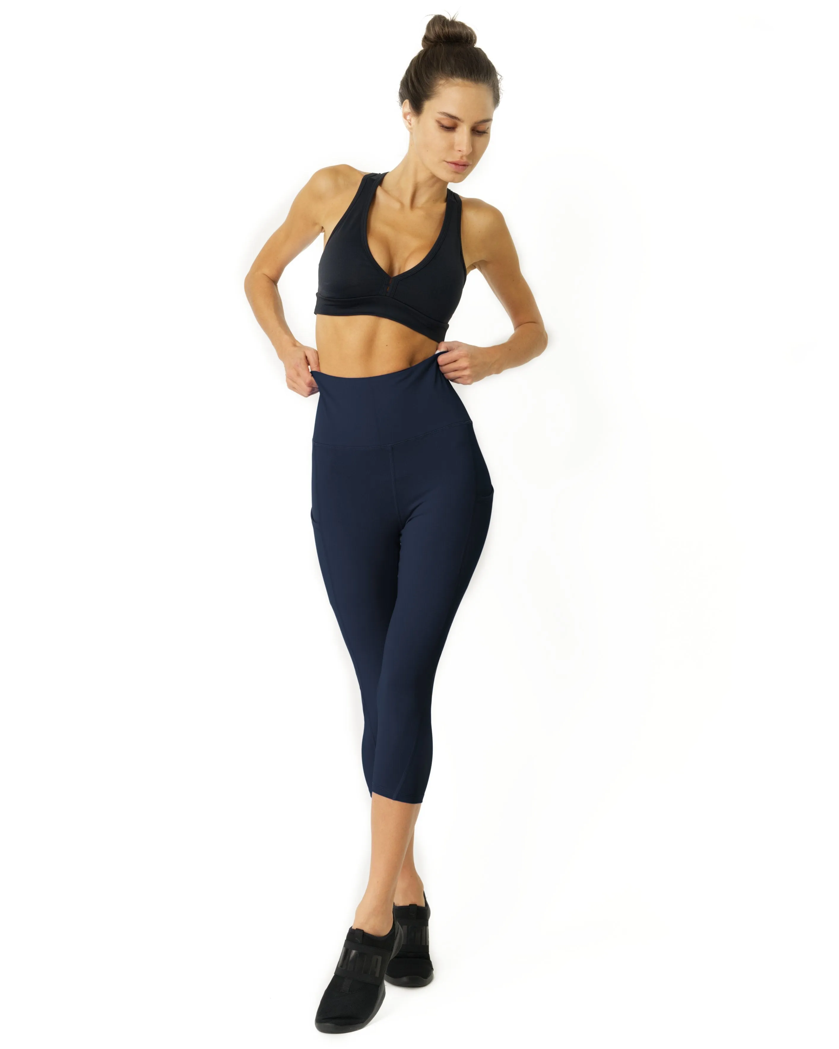 Navy Blue High Waisted Yoga Capri Leggings