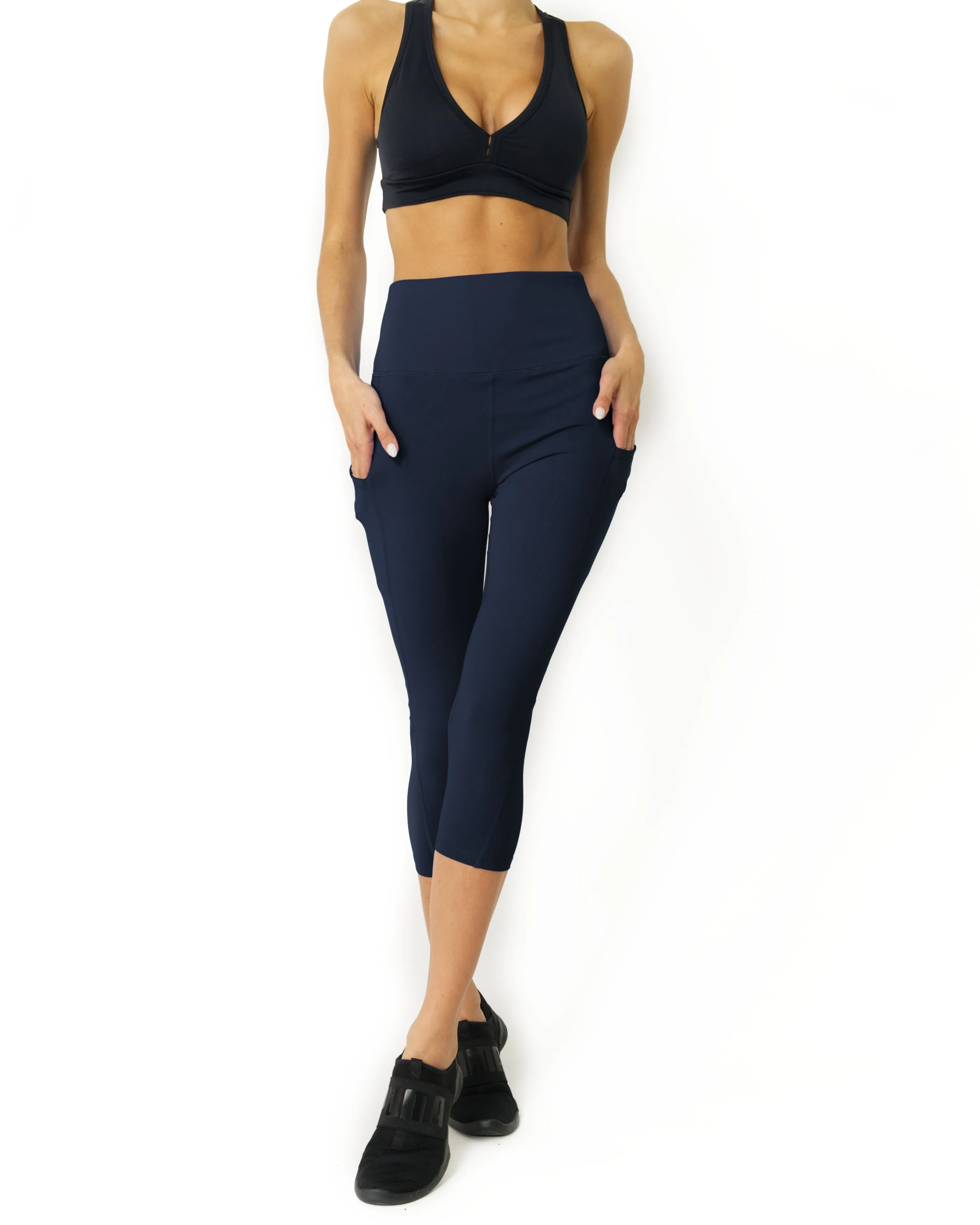 Navy Blue High Waisted Yoga Capri Leggings