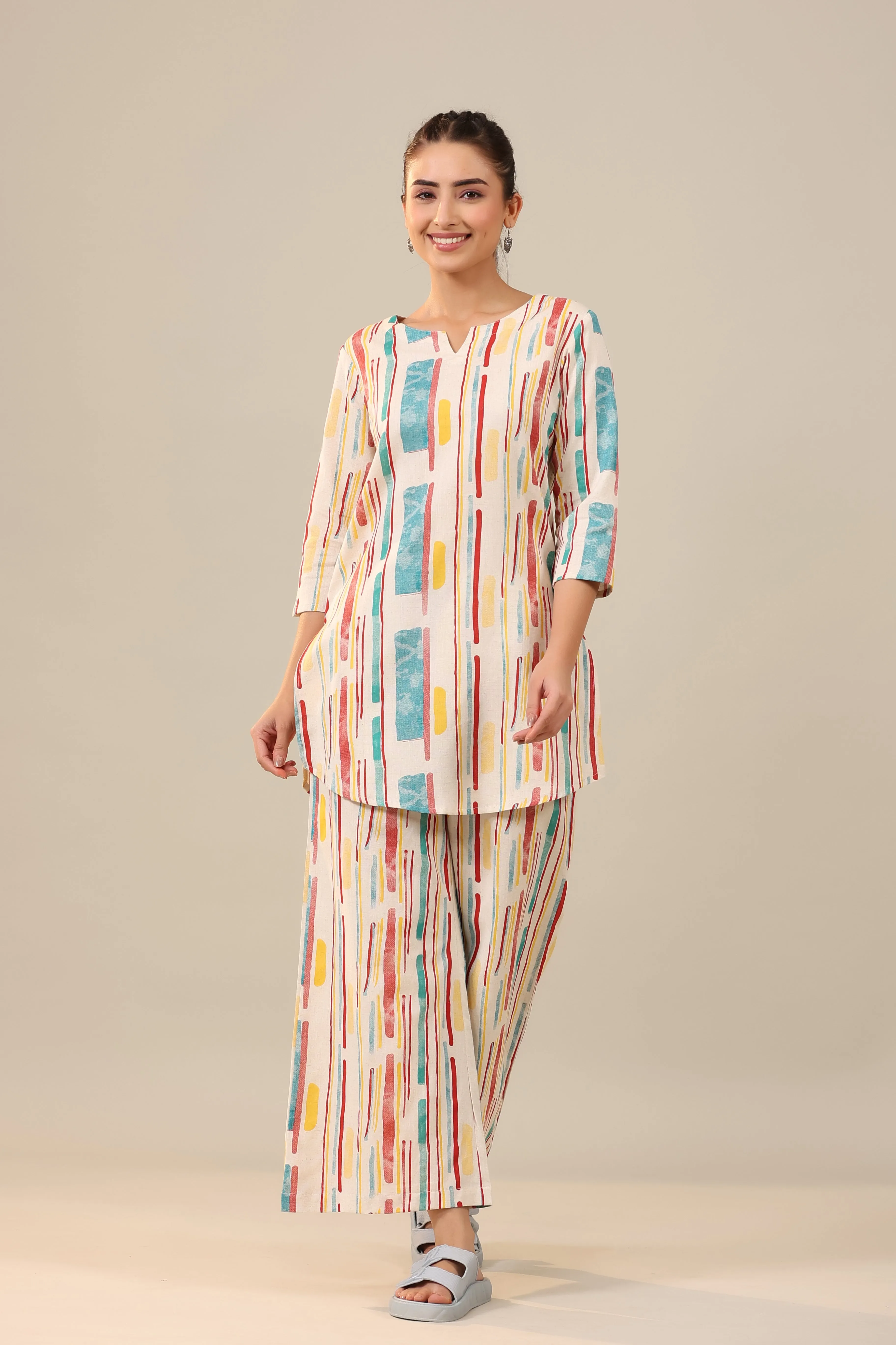 Parallel Abstract Lines on Off White Cotton Flex Palazzo Loungewear Set