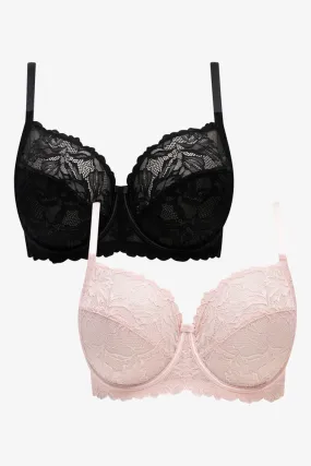 Plus Size 2 Pack Lace Non Padded Underwire Bras Black & Pink