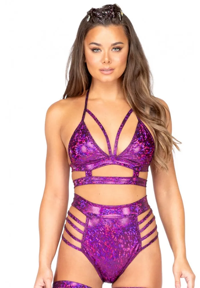 Purple Iridescent Strappy High-Waisted Shorts