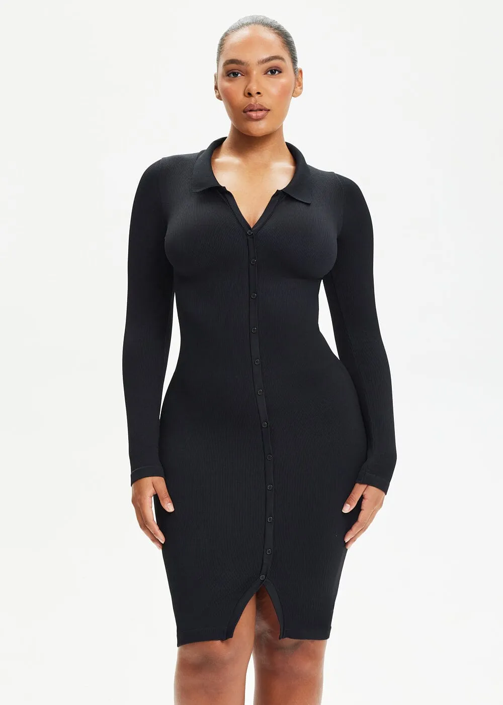 SnatchedKnit Front Button Collar Midi Dress