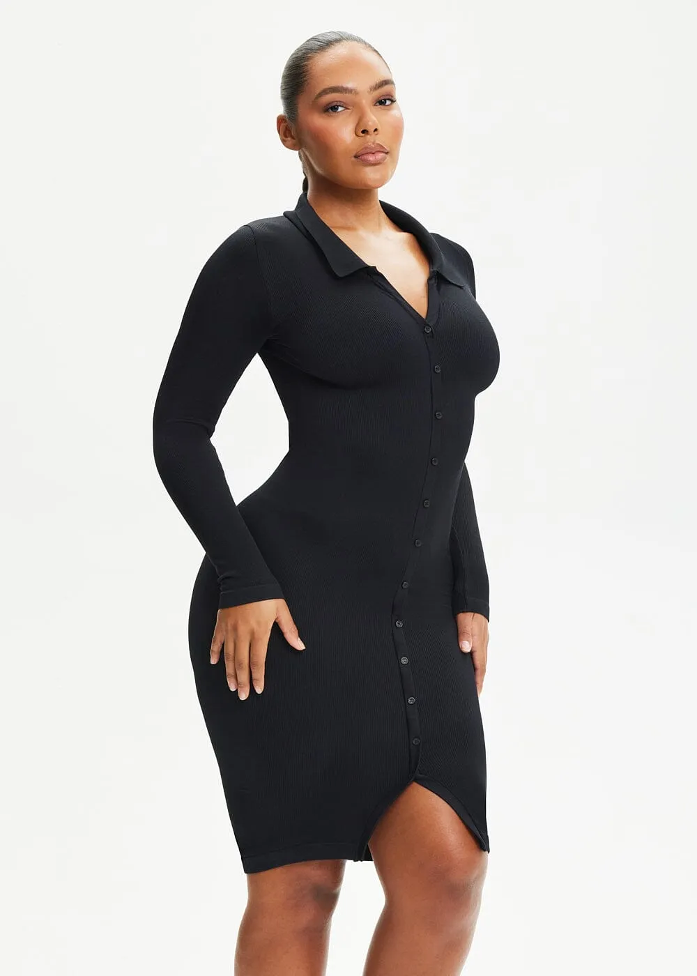 SnatchedKnit Front Button Collar Midi Dress