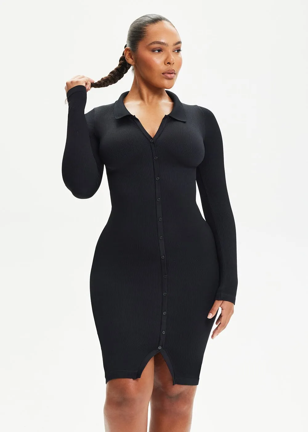 SnatchedKnit Front Button Collar Midi Dress