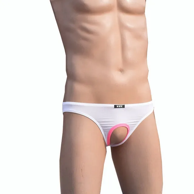 Solid Color Sexy Men's Low Waist Underwear With Penis Hole Open Pouch