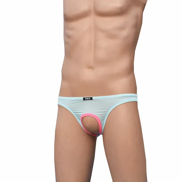 Solid Color Sexy Men's Low Waist Underwear With Penis Hole Open Pouch