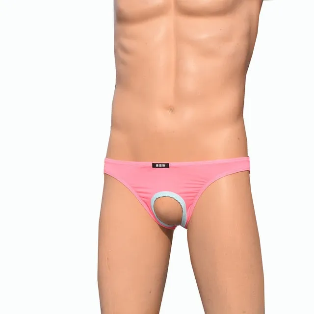 Solid Color Sexy Men's Low Waist Underwear With Penis Hole Open Pouch