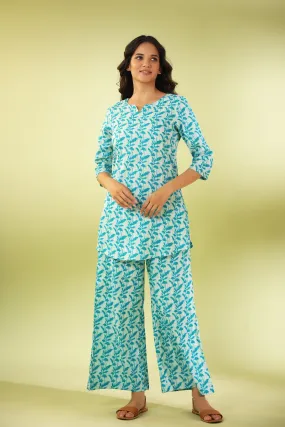 Turquoise  Vine on White Cotton Loungewear Set